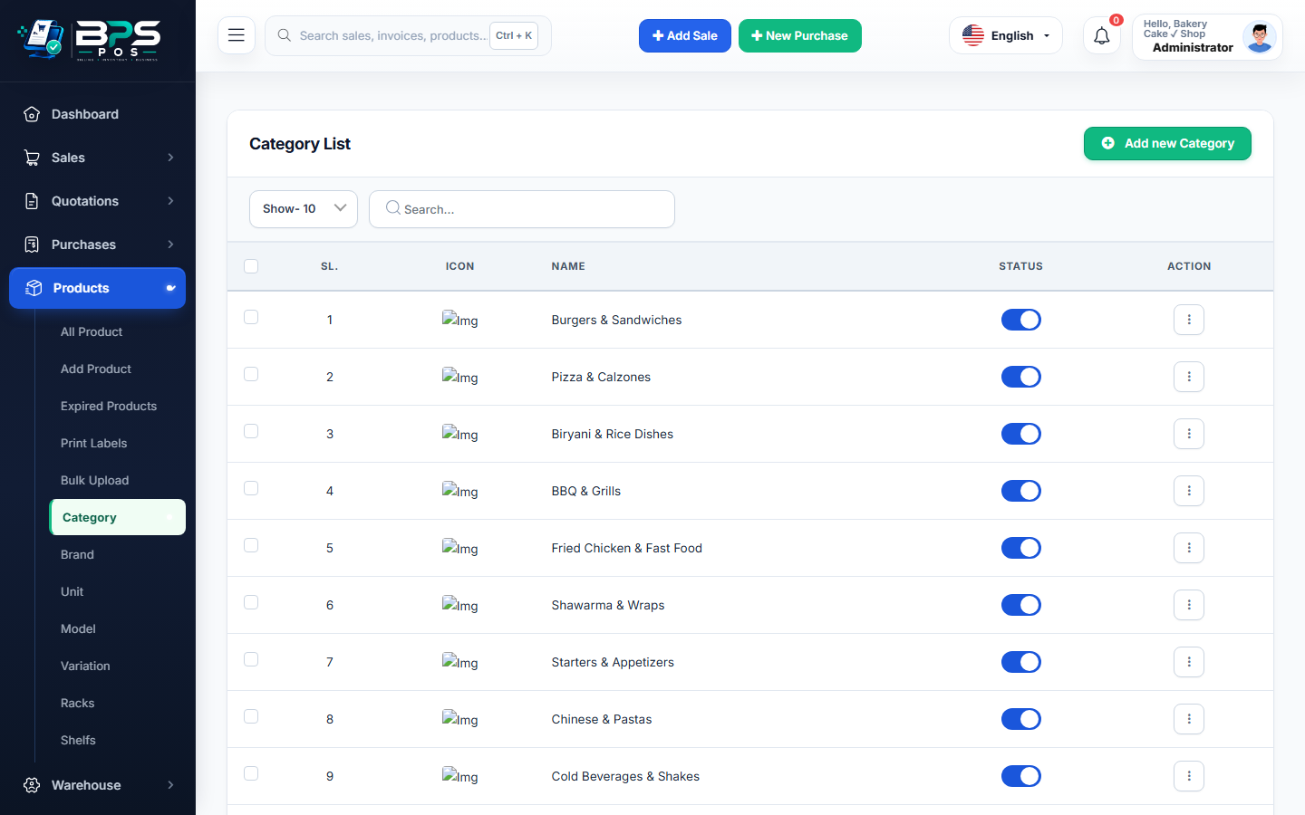 BPS POS Categories Management Screen