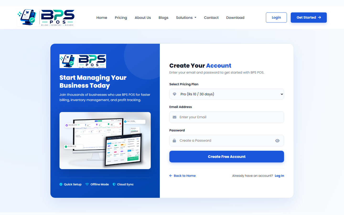 BPS POS Business Registration Form Screen with Shop Name and Contact Fields
